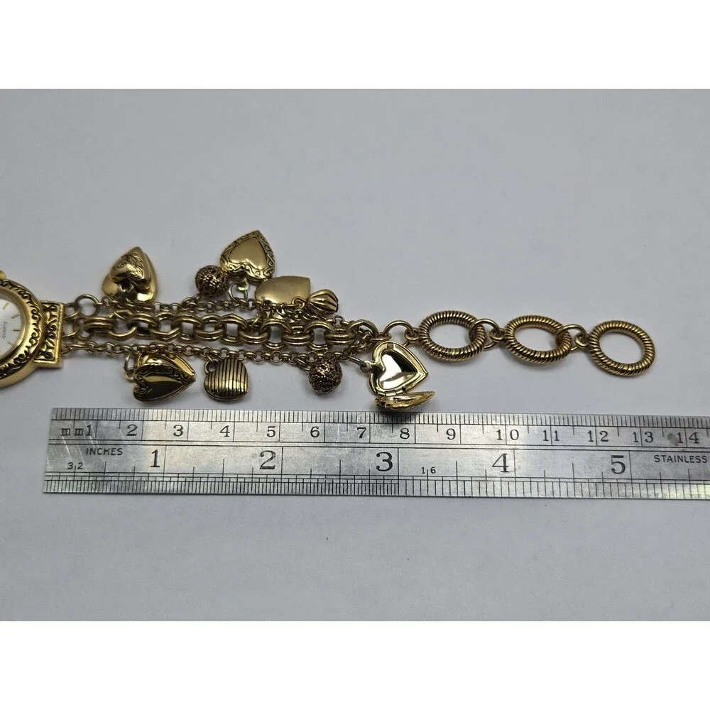 Womens Vintage Gold Tone Hearts Lockets Charms Bracelet Quartz Watch New Battery